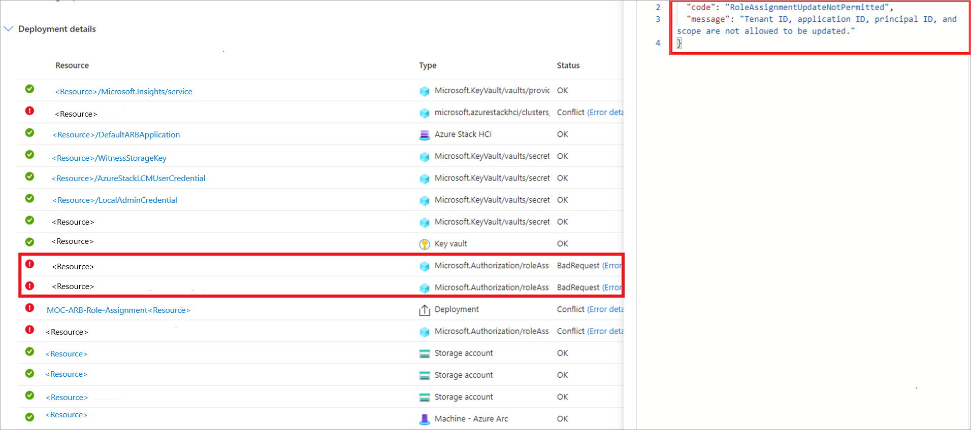 Screenshot showing the tenant ID, application ID, principal ID, and scope can't be updated message in the Errors blade.