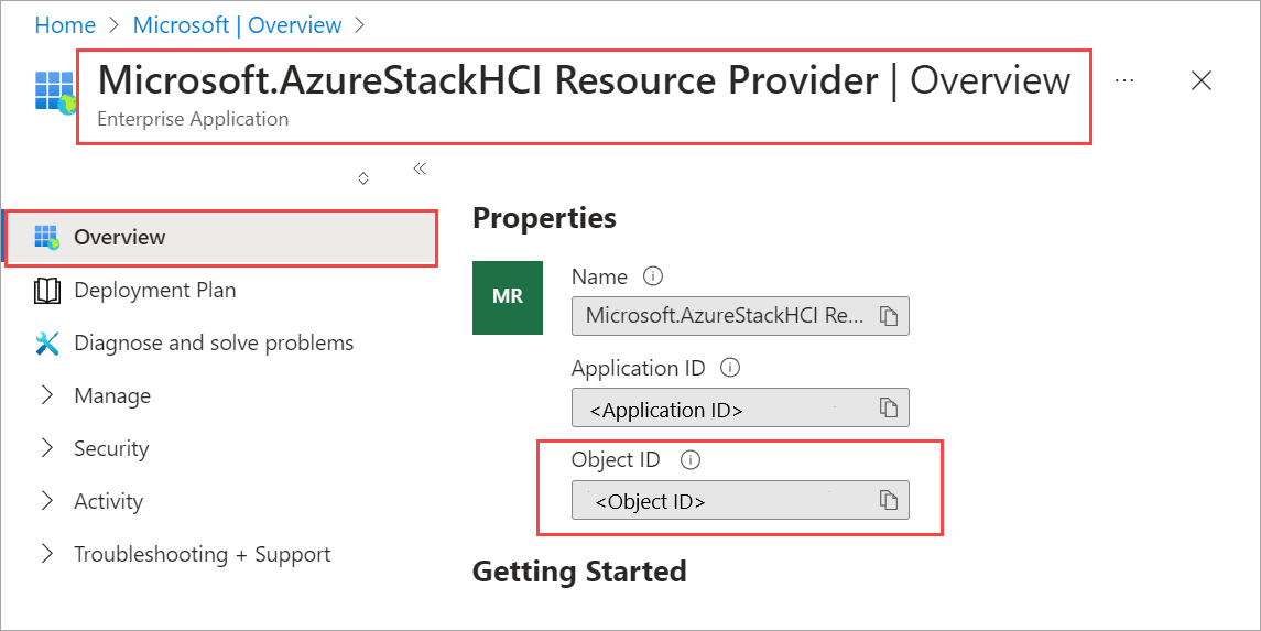 Screenshot showing the object ID for the Azure Stack HCI Resource Provider service principal.