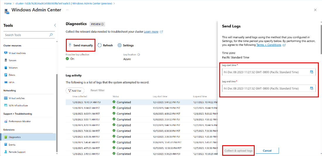 Screenshot of the Diagnostics page showing the Send manually button for on-demand log collection.