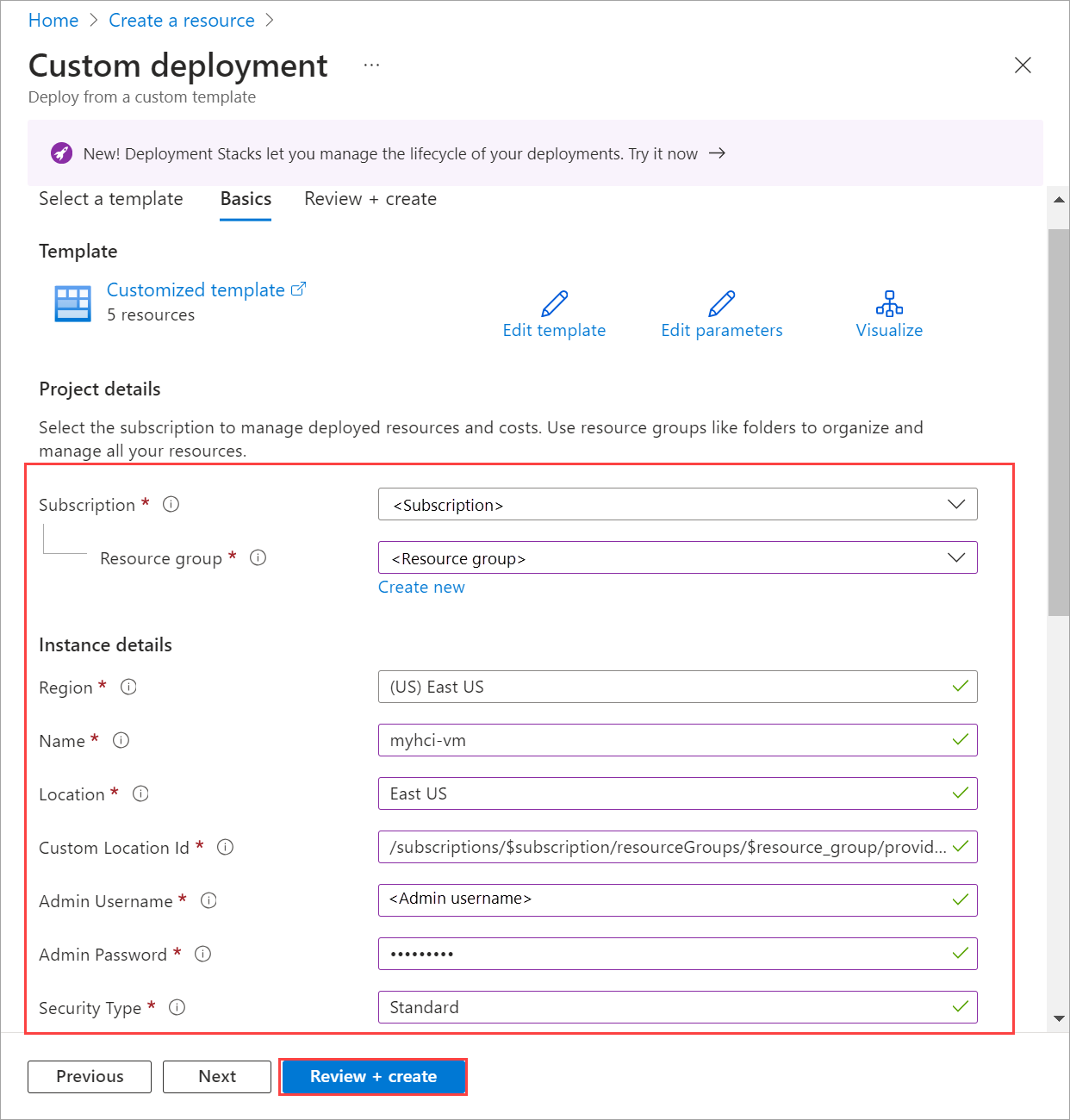 Screenshot of filled basics tab for template in Azure portal.