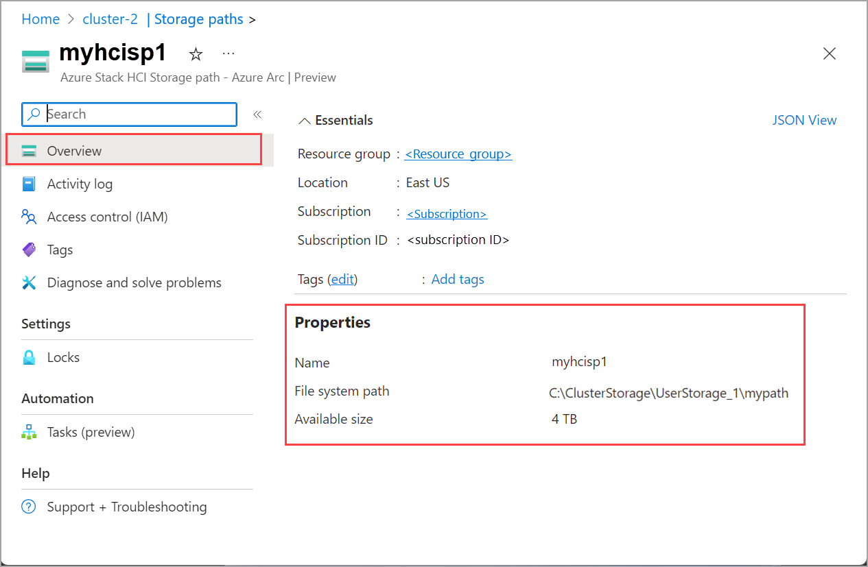 Screenshot of storage path properties.