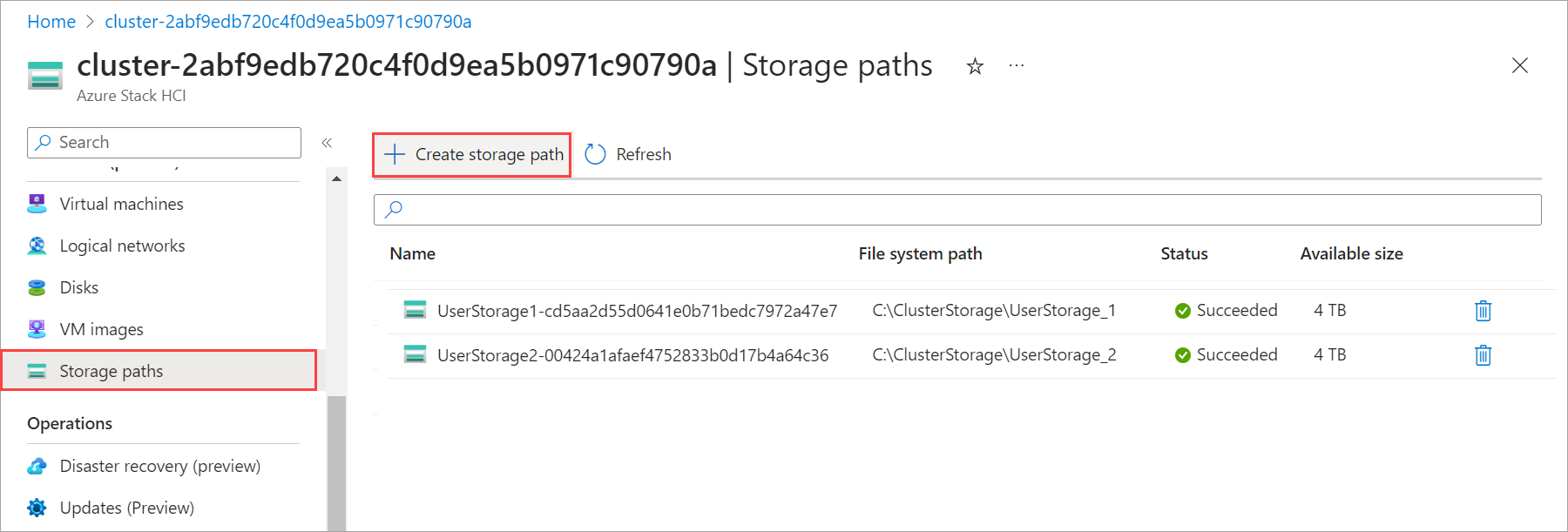 Screenshot of select + Create storage path.