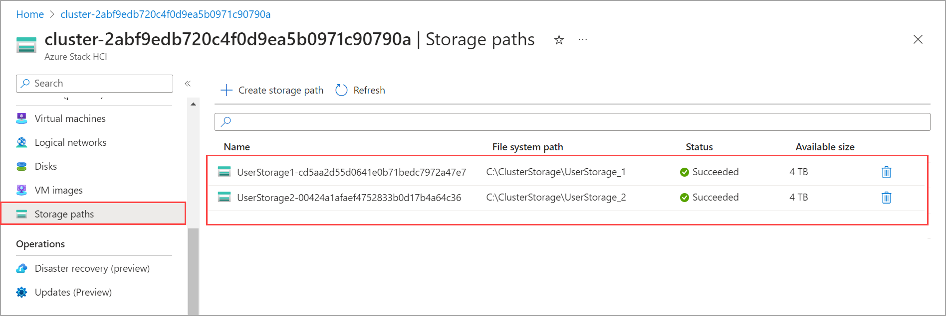 Screenshot of updated storage path list after the deletion.