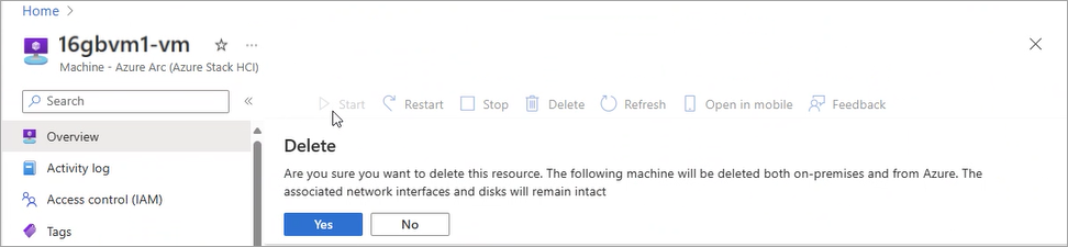 Screenshot of warning when deleting VM.