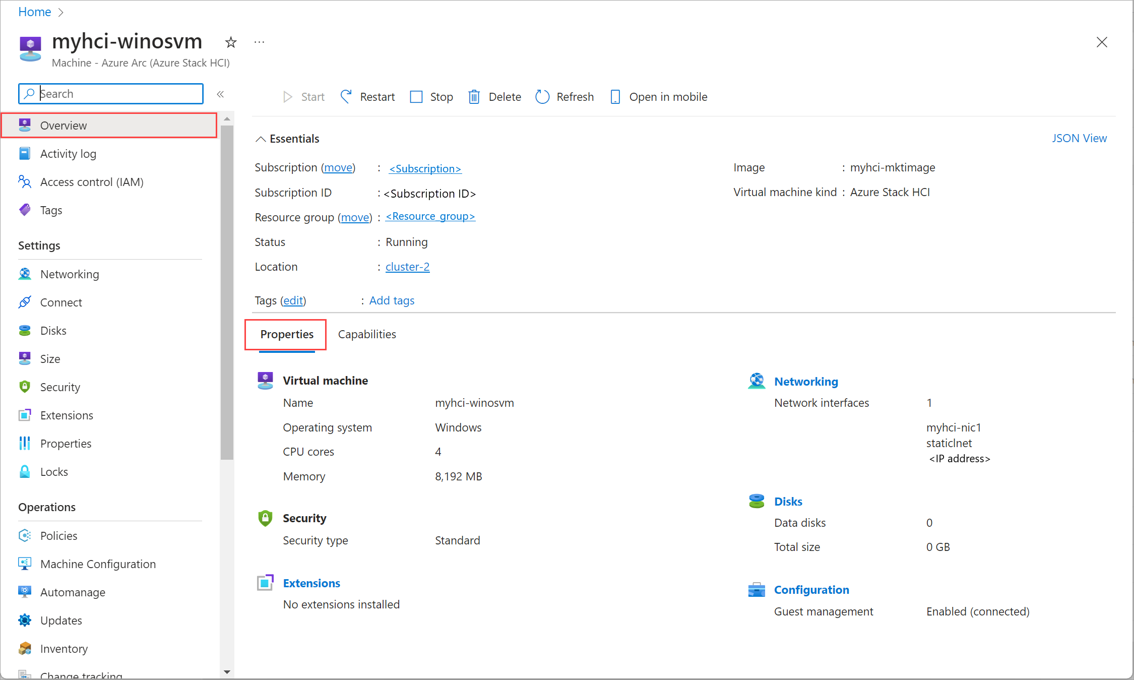 Screenshot of properties of the selected Arc VM.