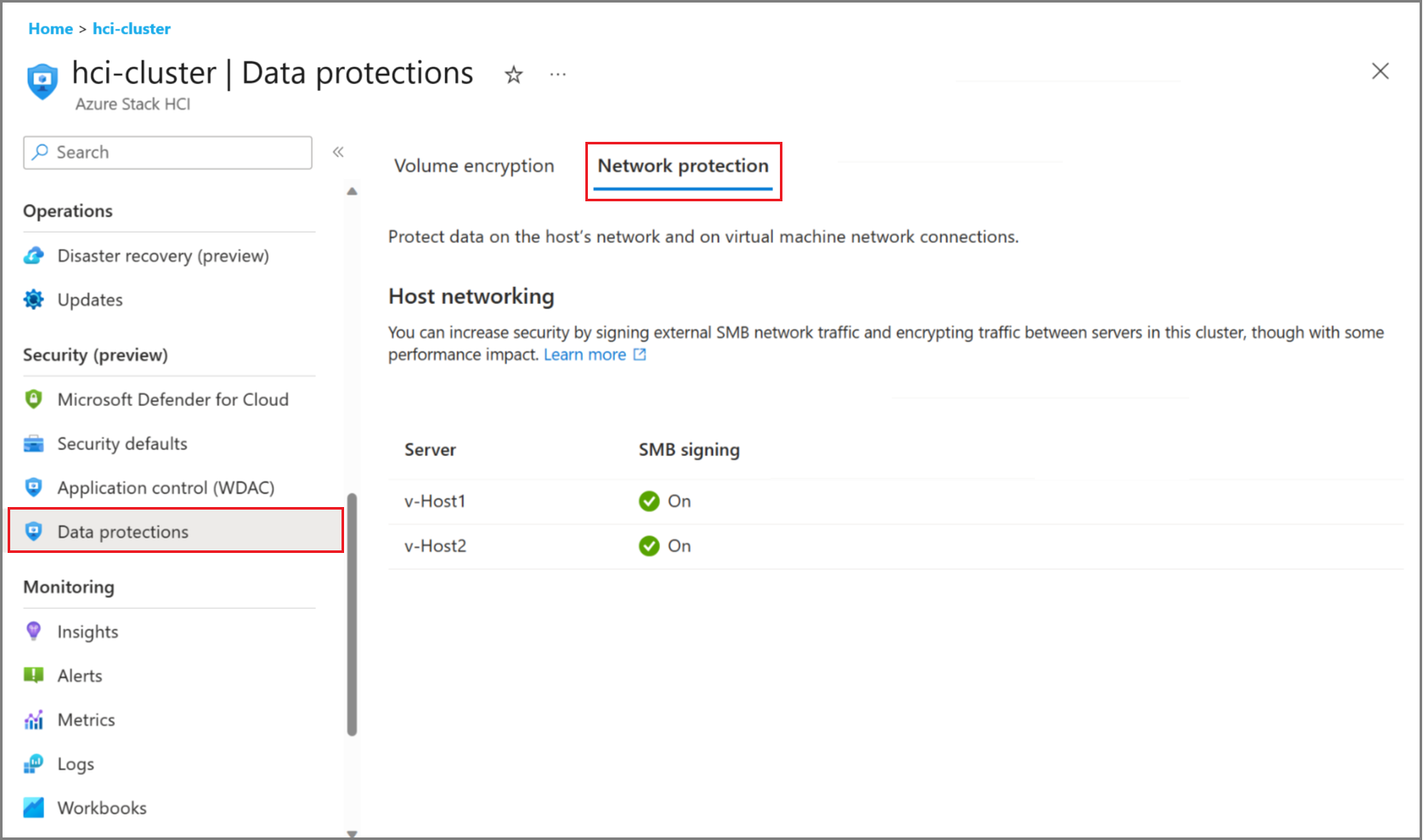 Screenshot that shows the SMB signing status in the Azure portal.