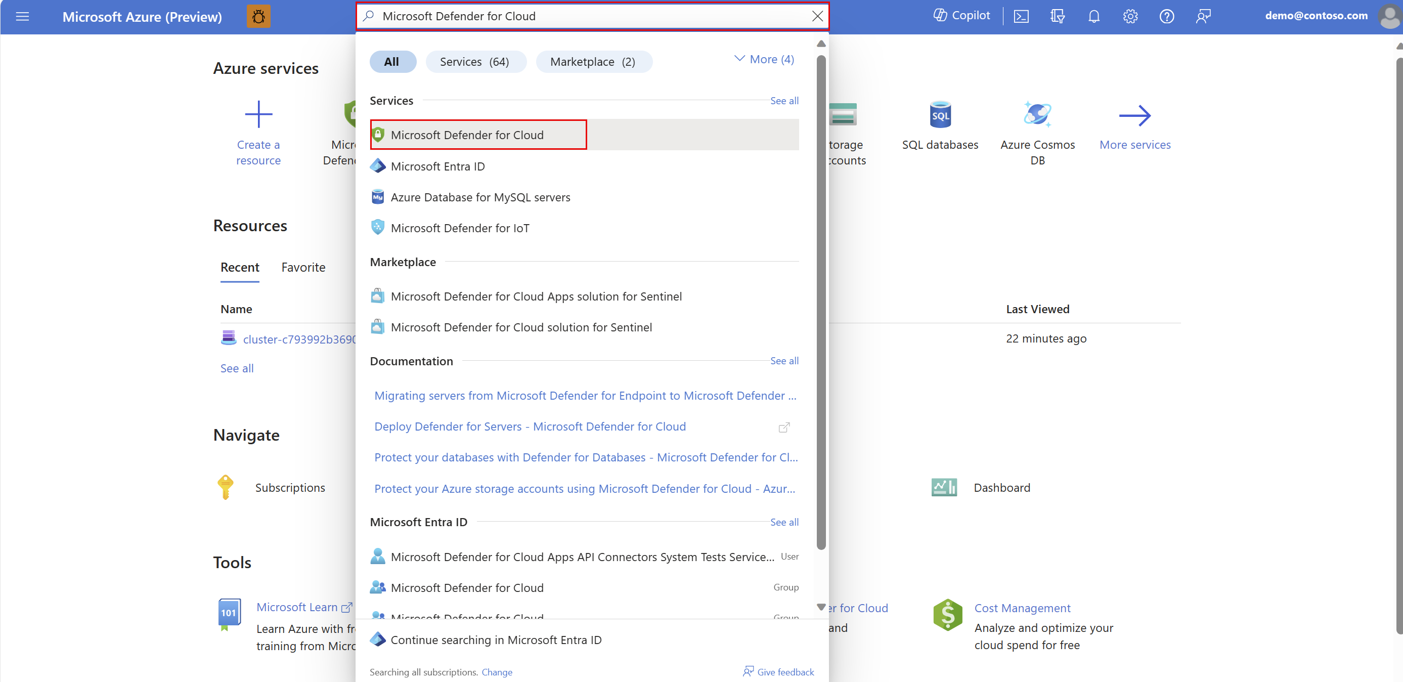 Screenshot that shows how to search for Defender for Cloud in the Azure portal.