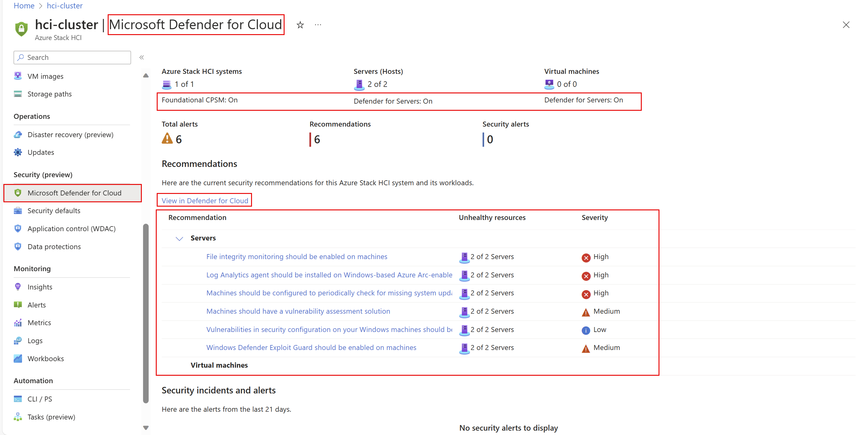 Screenshot of the Microsoft Defender for Cloud page showing the security recommendations on your Azure Stack HCI system.