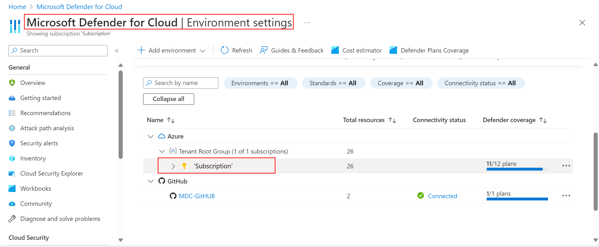 Screenshot that shows how to select the Azure subscription.