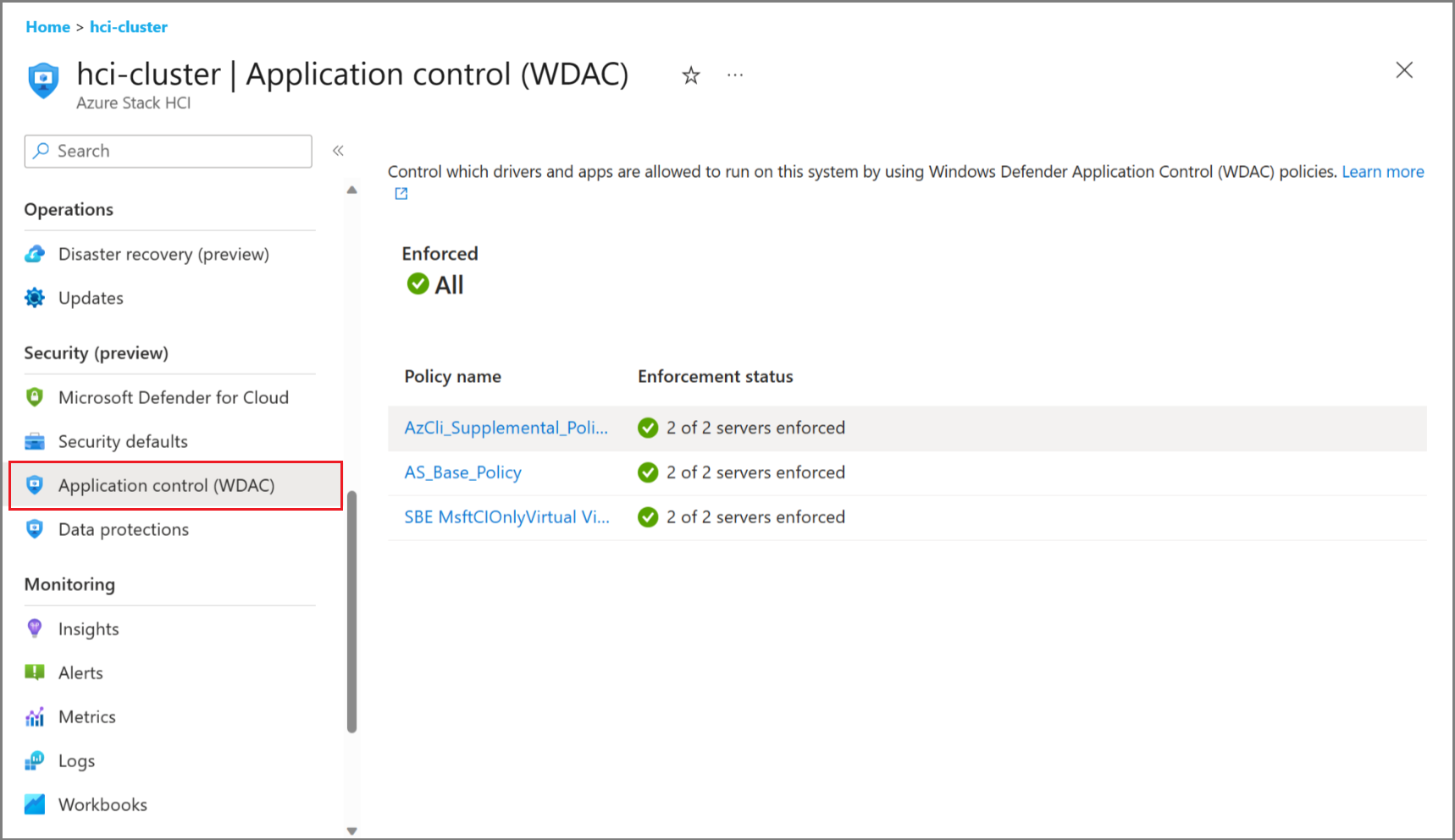 Screenshot that shows the Application control (WDAC) page on Azure portal.