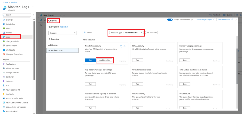 Screenshot of the Azure Monitor Logs space and how to access the sample queries.