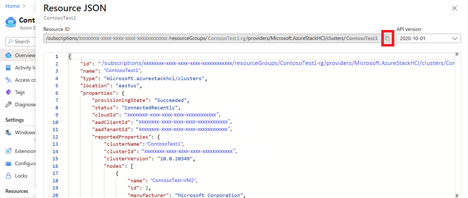 Screenshot of the Resource JSON page to copy ClusteArmId information.