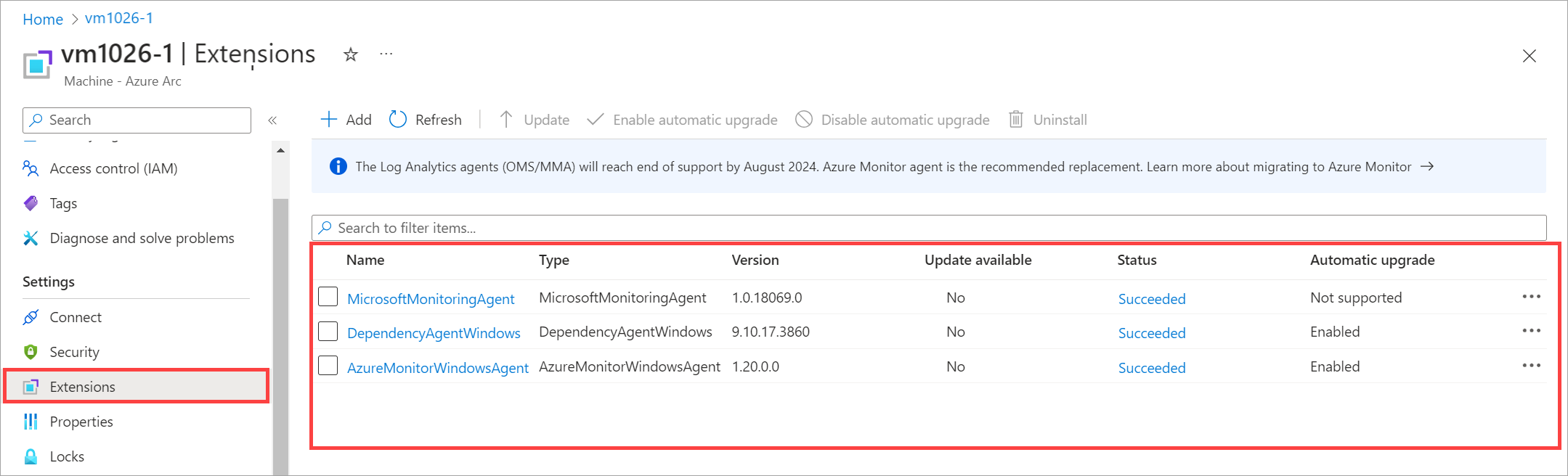 Screenshot showing the list of installed extensions for the chosen Arc-enabled VM.