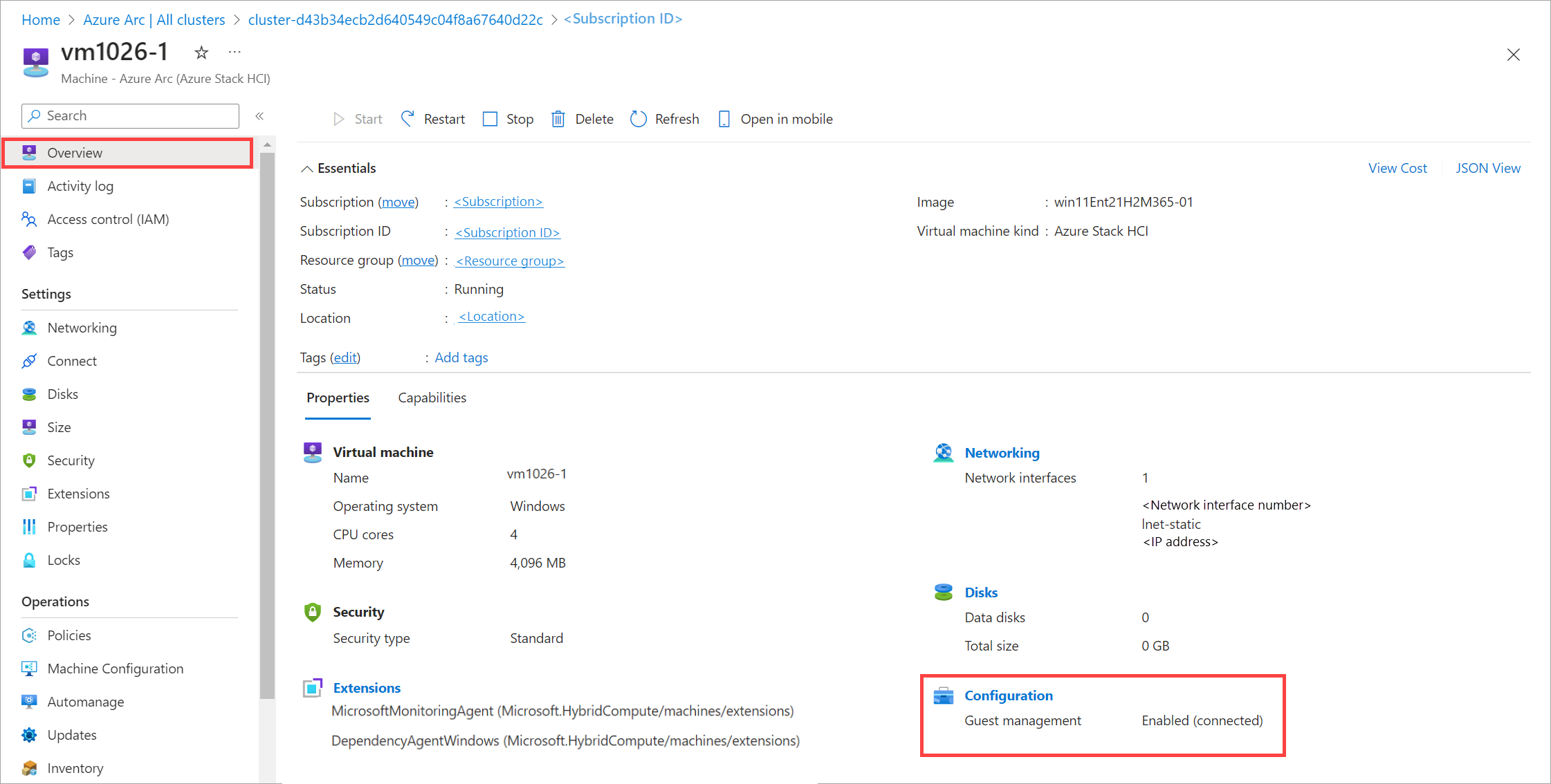 Screenshot showing guest management as enabled in the selected Arc-enabled VM.