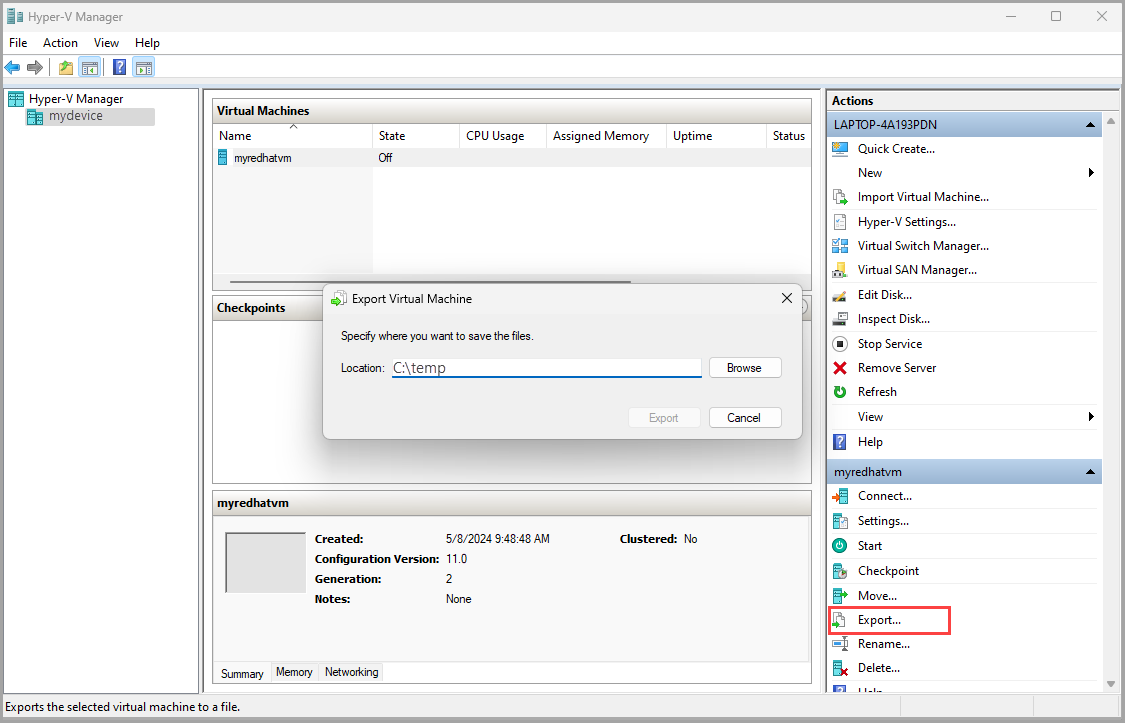 Screenshot that shows exporting a virtual machine VHDX.