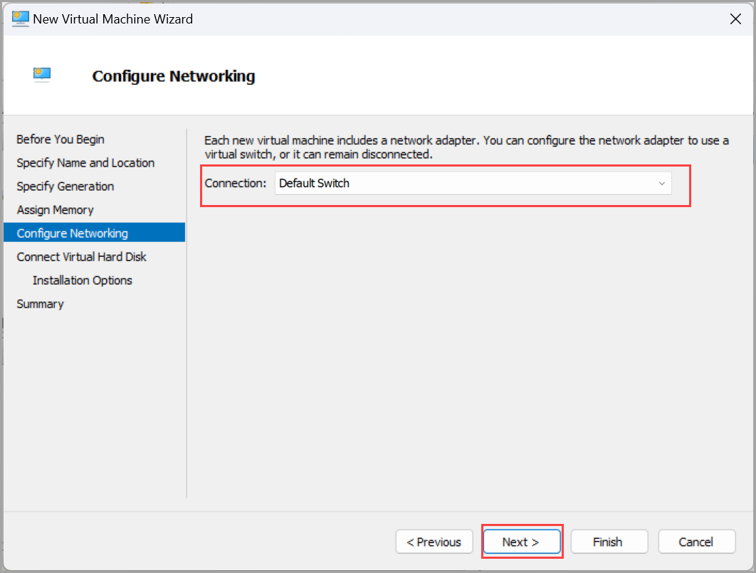 Screenshot that shows the New Virtual Machine Wizard on the Configure Networking page.