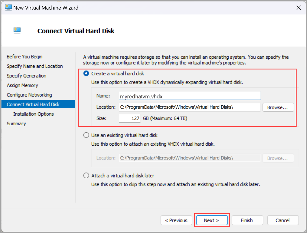 Screenshot that shows the New Virtual Machine Wizard on the Virtual Hard Disk page.