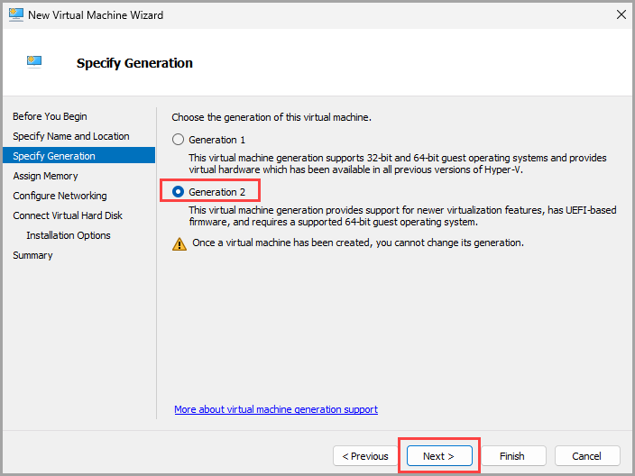 Screenshot that shows the New Virtual Machine Wizard on the Specify Generation page.