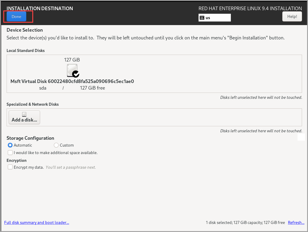 Screenshot that shows the Installation Destination page.