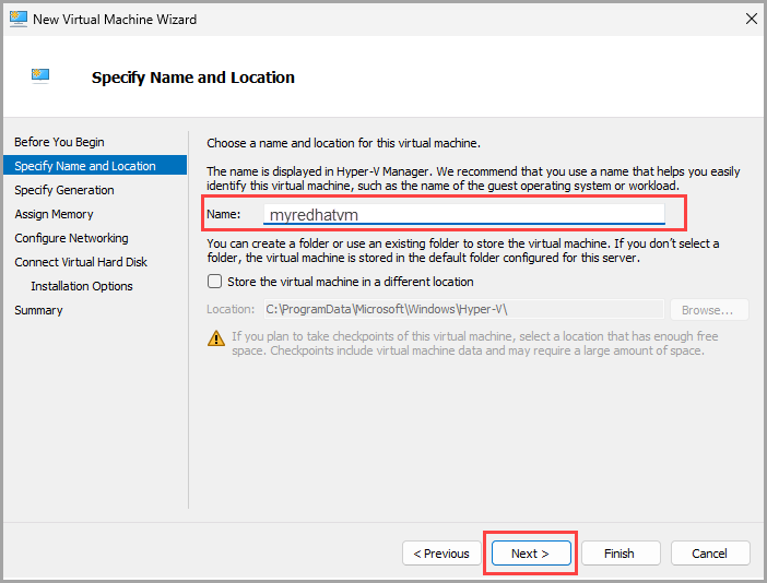 Screenshot that shows the New Virtual Machine Wizard on the Specify Name and Location page.