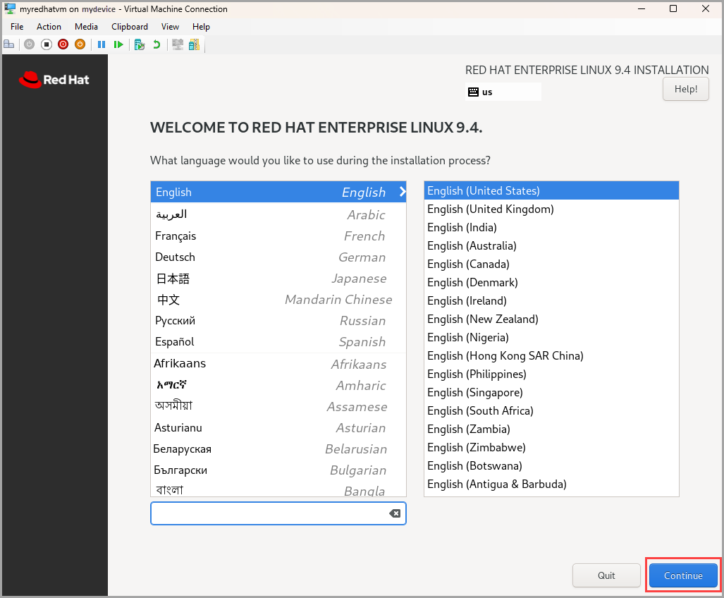 Screenshot that shows the Language select screen.