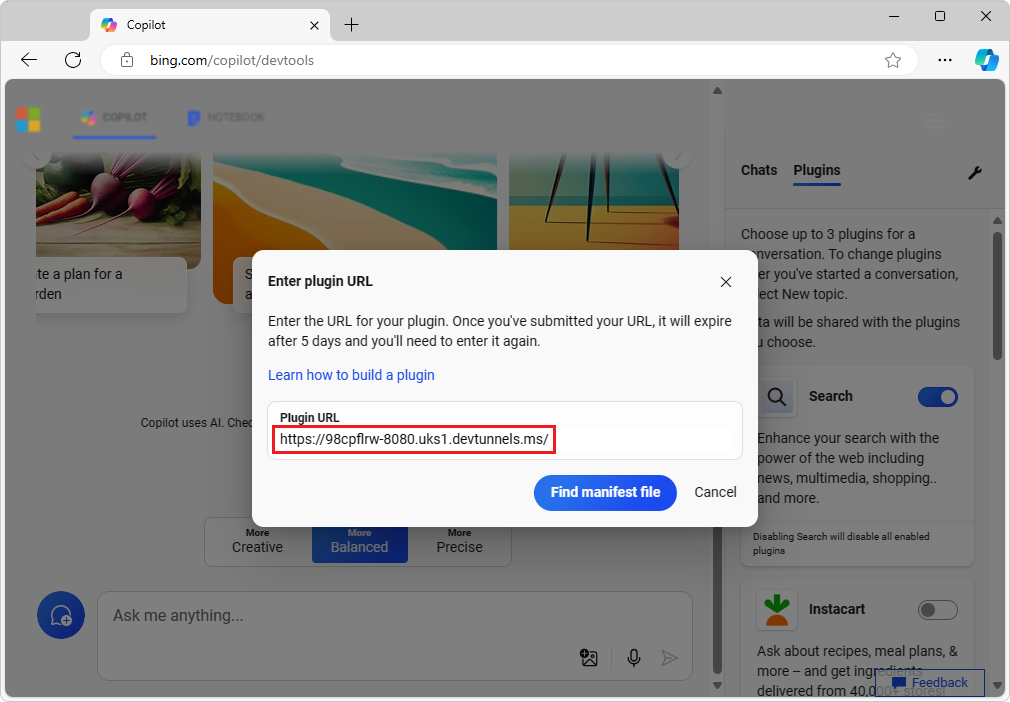 The Enter plugin URL dialog in Copilot in Bing