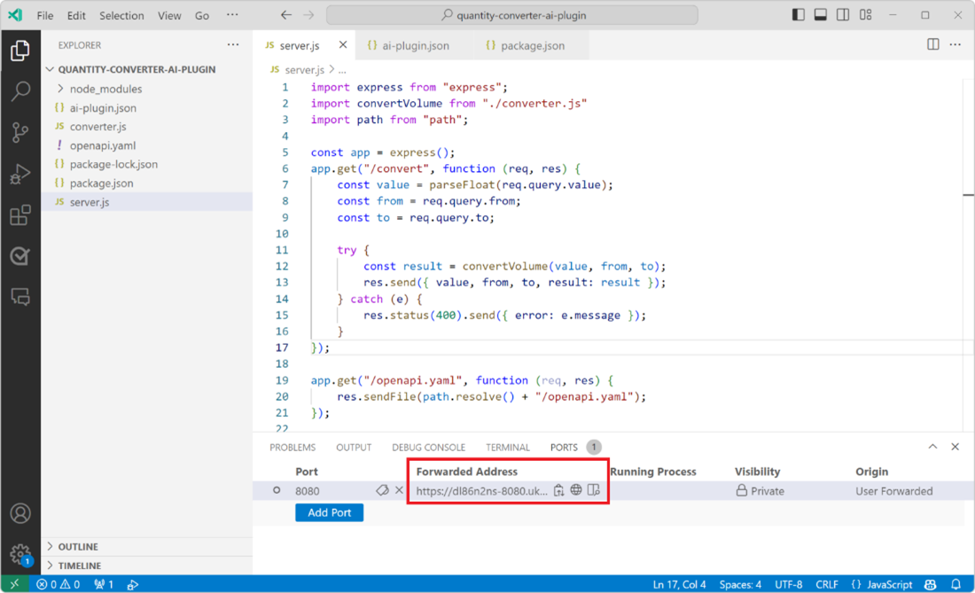 The Ports panel in VS Code, showing the Forwarded address