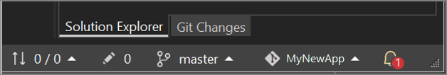 Screenshot of the repo status bar located below the Visual Studio Solution Explorer pane, showing the branch name and number of outstanding changes.