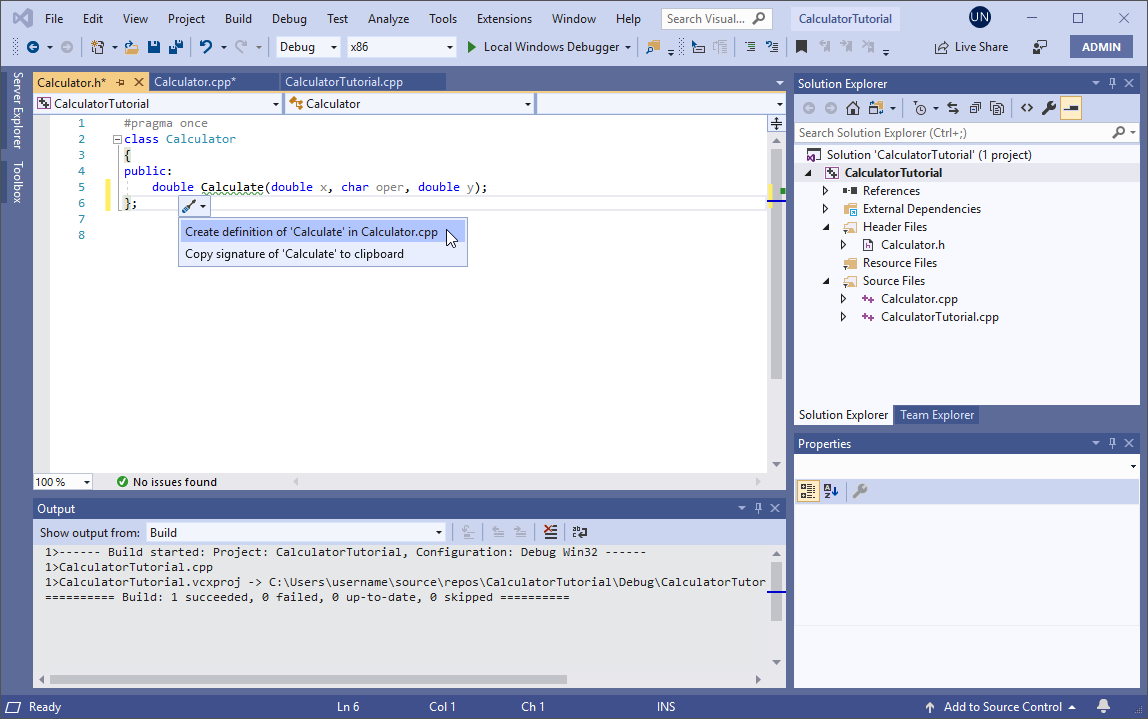 Screenshot of a screwdriver dropdown in the Visual Studio editor window. The option 'Create definition of Calculate in Calculator.cpp' is highlighted.