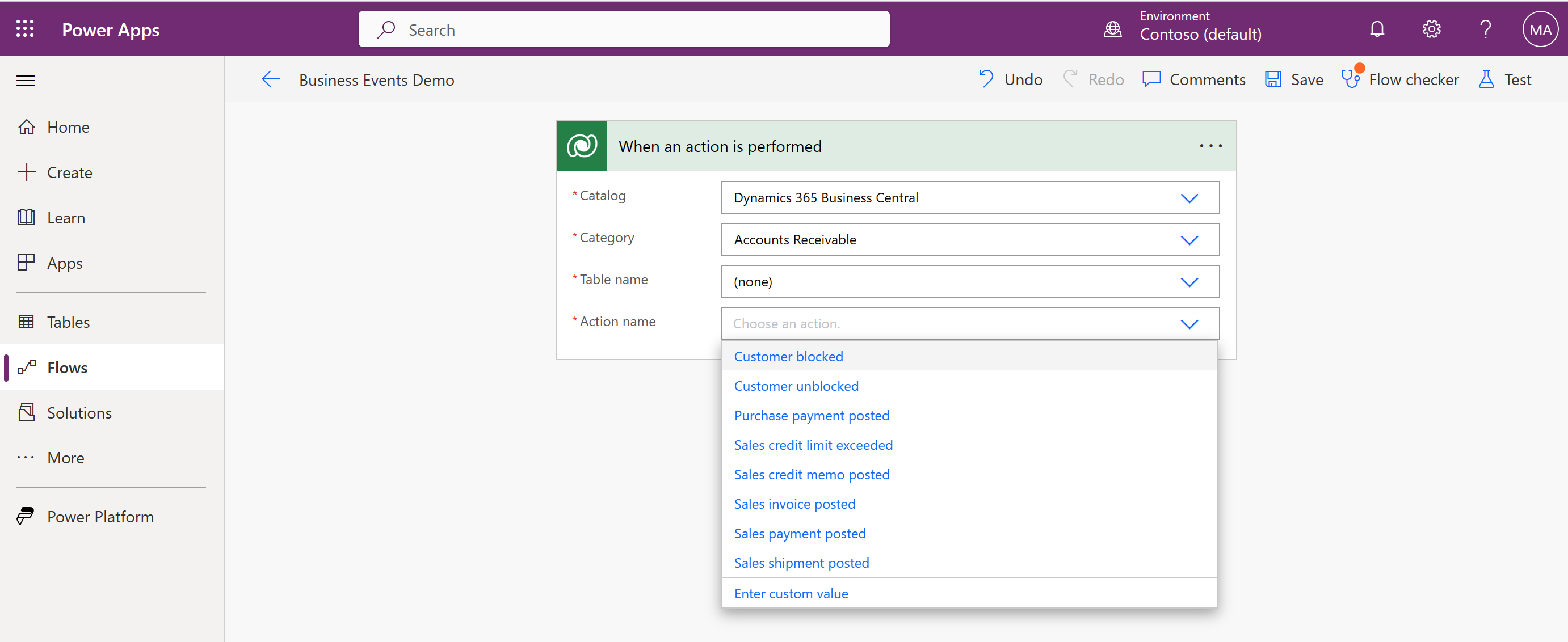 Shows the "when an action is performed" step in a Power Automate flow 