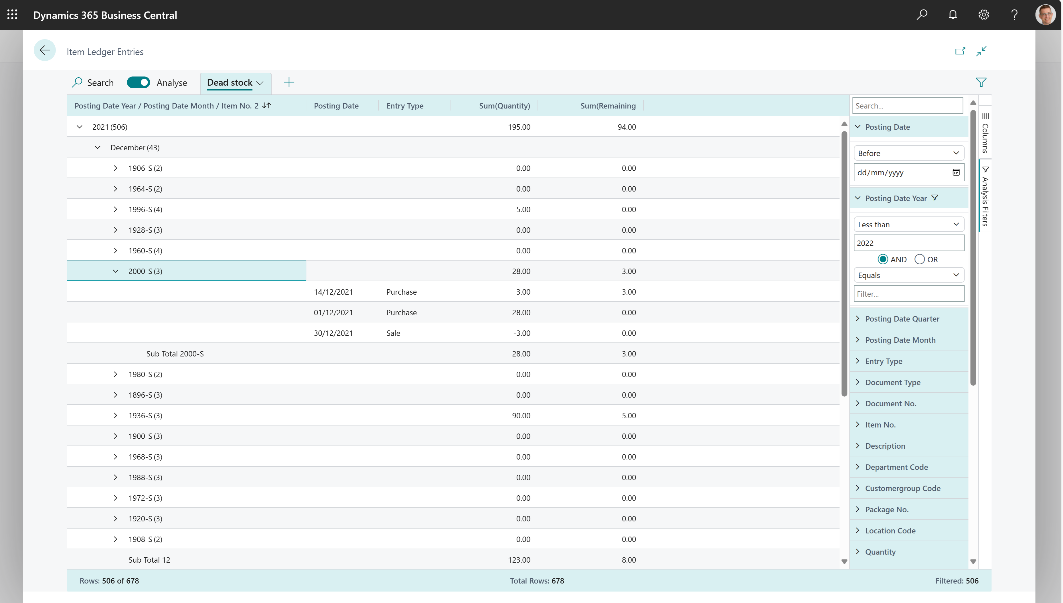 Example of how to do a dead stock data analysis on the Item Ledger Entries page.