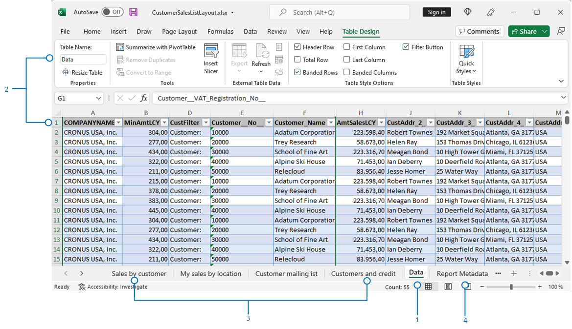 Shows the different elements of an Excel layout.