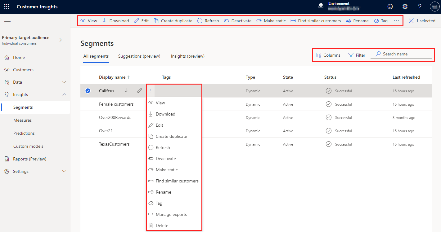 Selected segment with options dropdown list and available options.