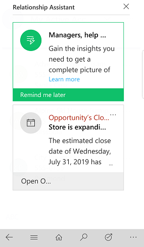Dynamics 365 for phones and tablets Relationship Assistant.