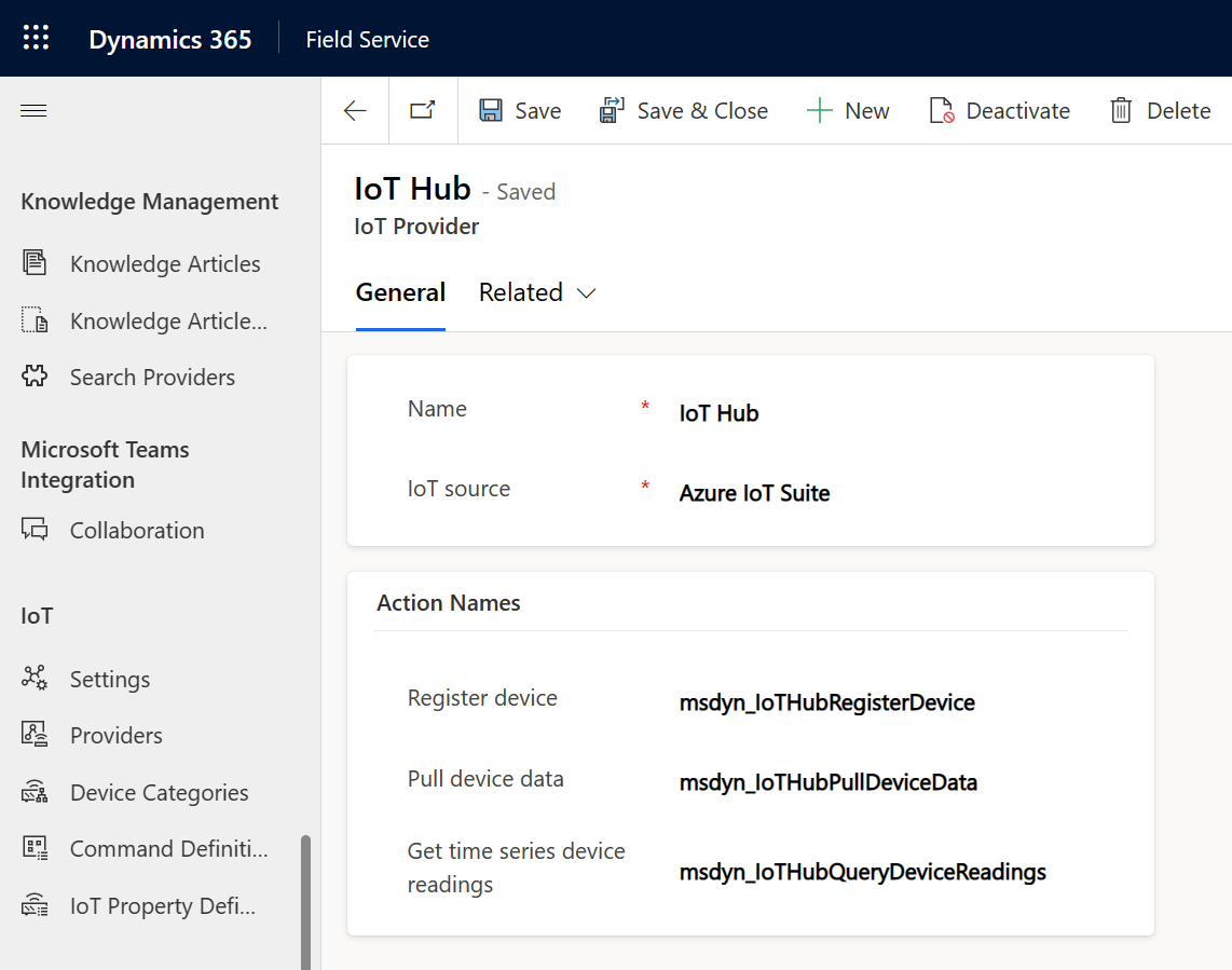 Screenshot of an IoT provider record.