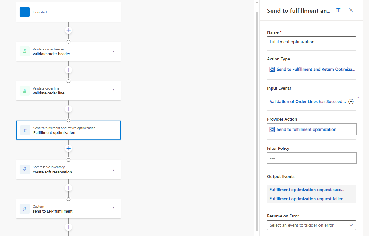 Orchestration flow with a Fulfillment and Returns Optimization provider action.