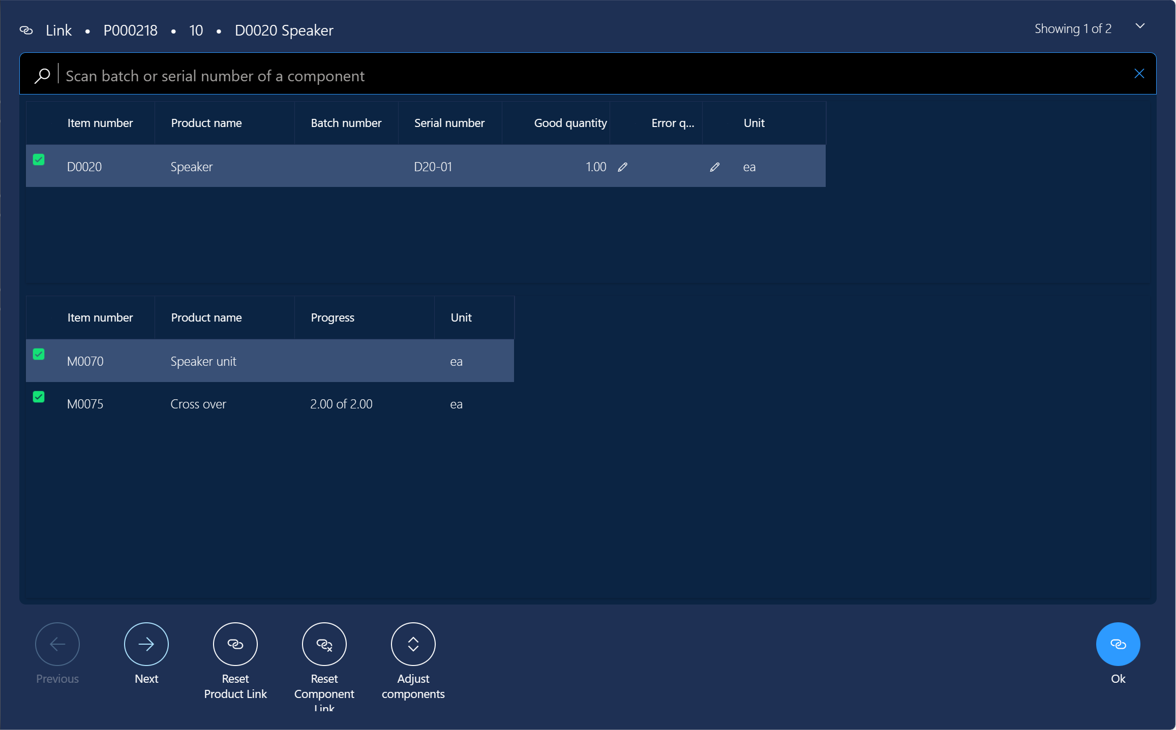 Screenshot of the page for registering tracked components in the production floor execution interface.