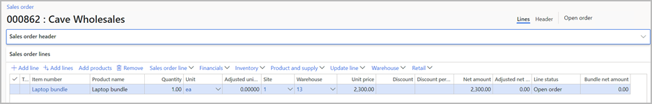 Sales order where the Laptop bundle item has a manually entered unit price.