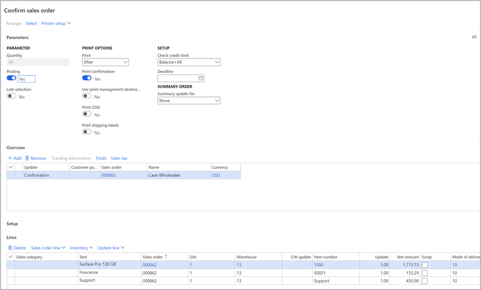 Confirm sales order dialog box that shows the component items.