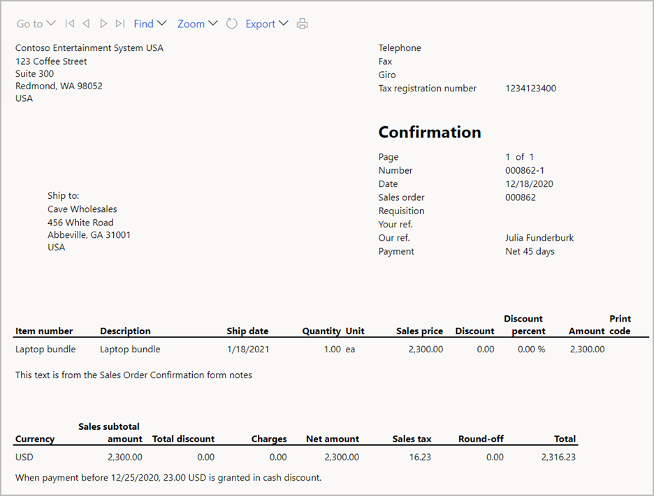 Printed confirmation report that shows only the parent item.