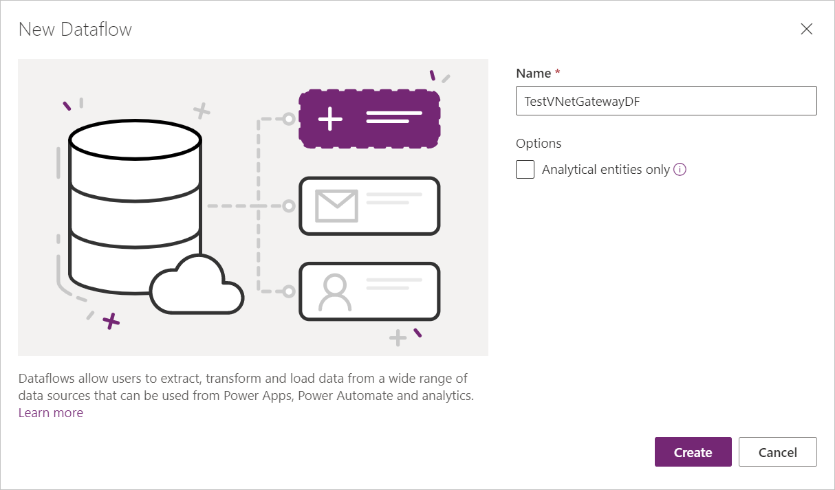 Screenshot showing the New Dataflow dialog box in Power Apps, with the name of the new dataflow entered in the Name text box.