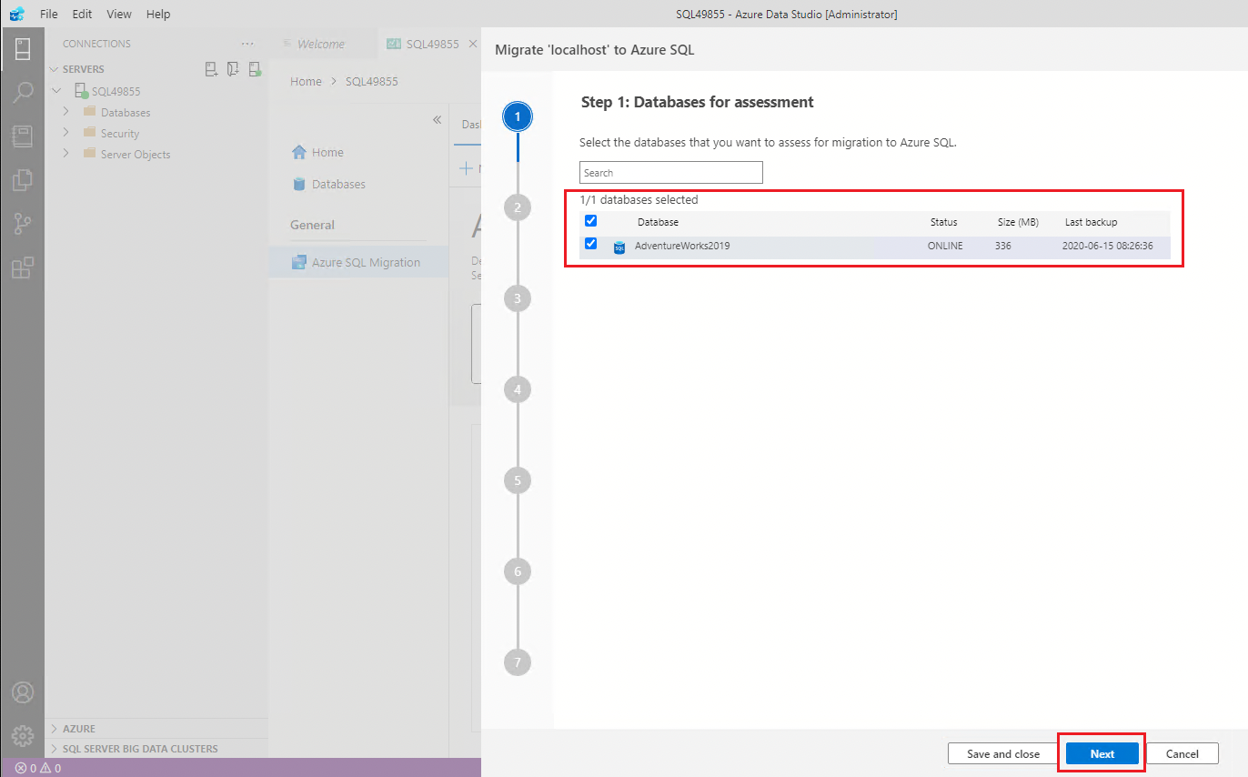 Screenshot that shows selecting a database for assessment.