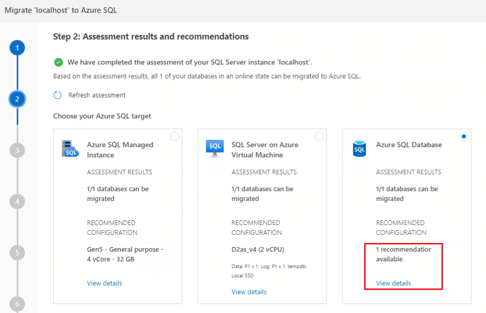 Screenshot that shows the View details link for the target database recommendations.