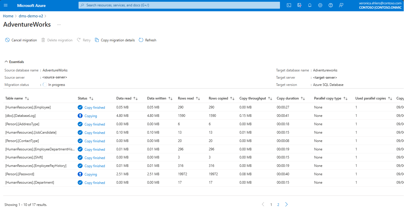 Screenshot that shows a migration status.