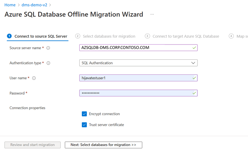 Screenshot that shows source SQL server details.