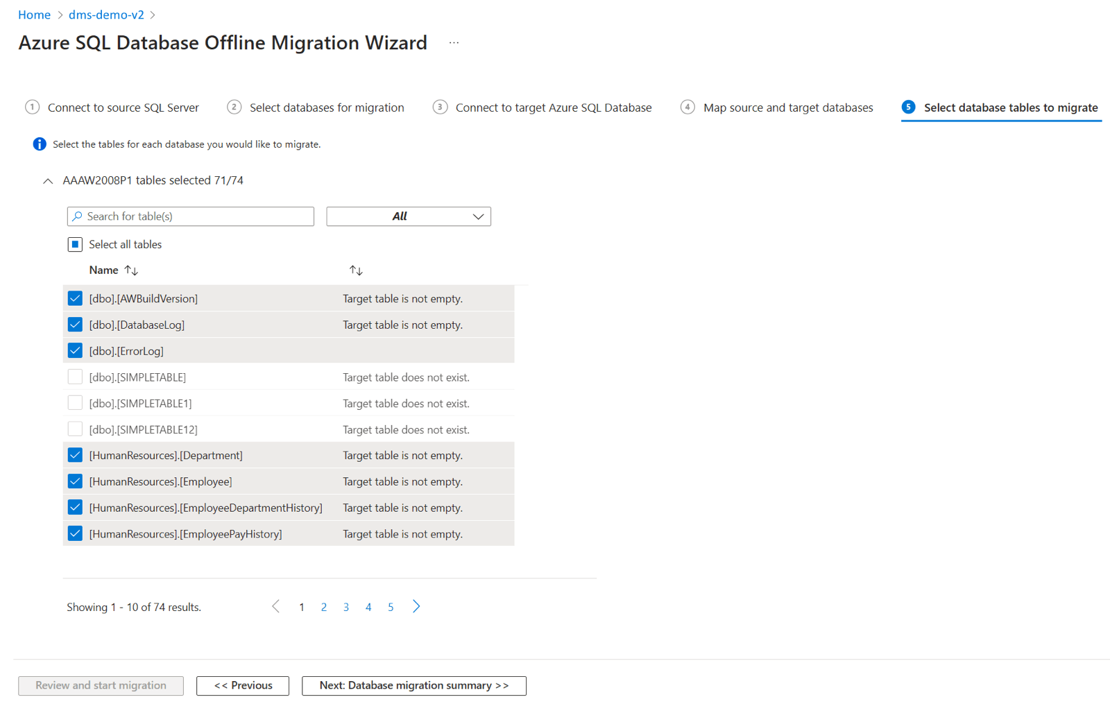 Screenshot that shows list of tables select source database to migrate data to target.