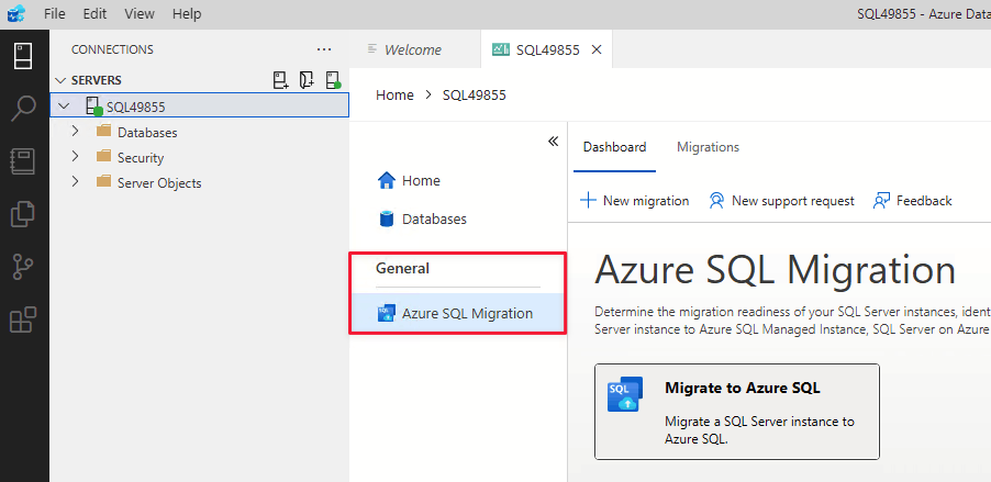 Screenshot that shows the Azure Data Studio server menu.