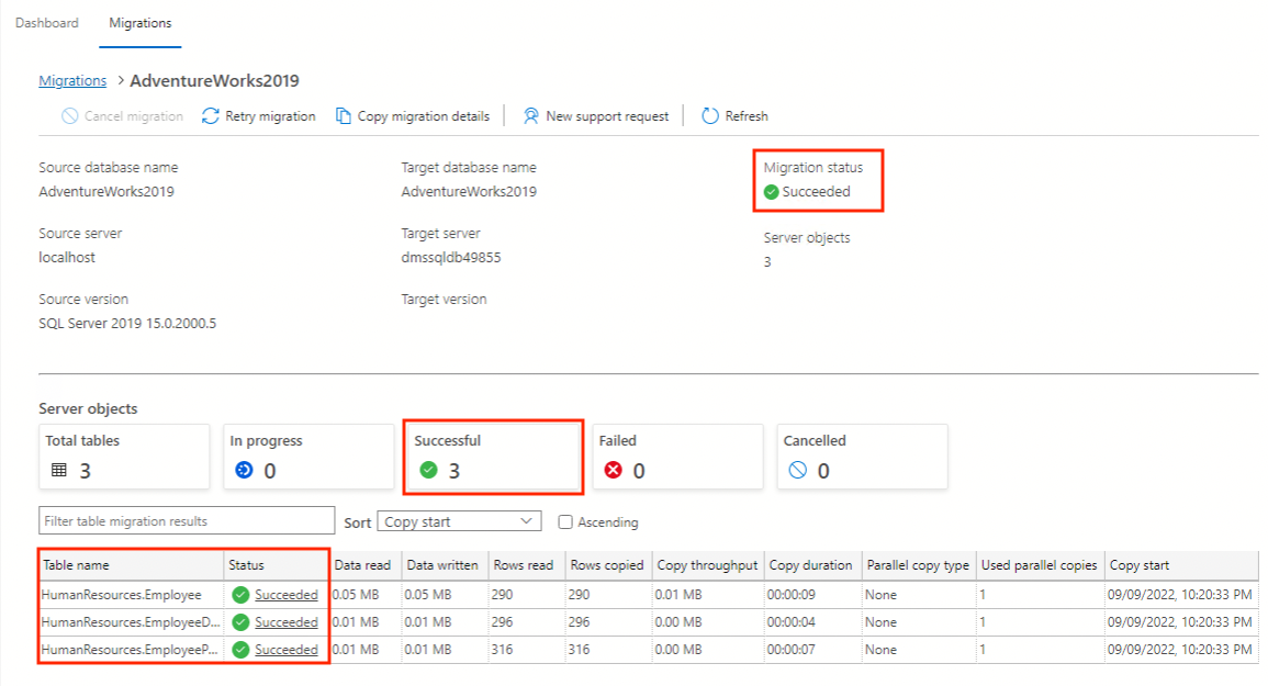 Screenshot that shows succeeded migration.