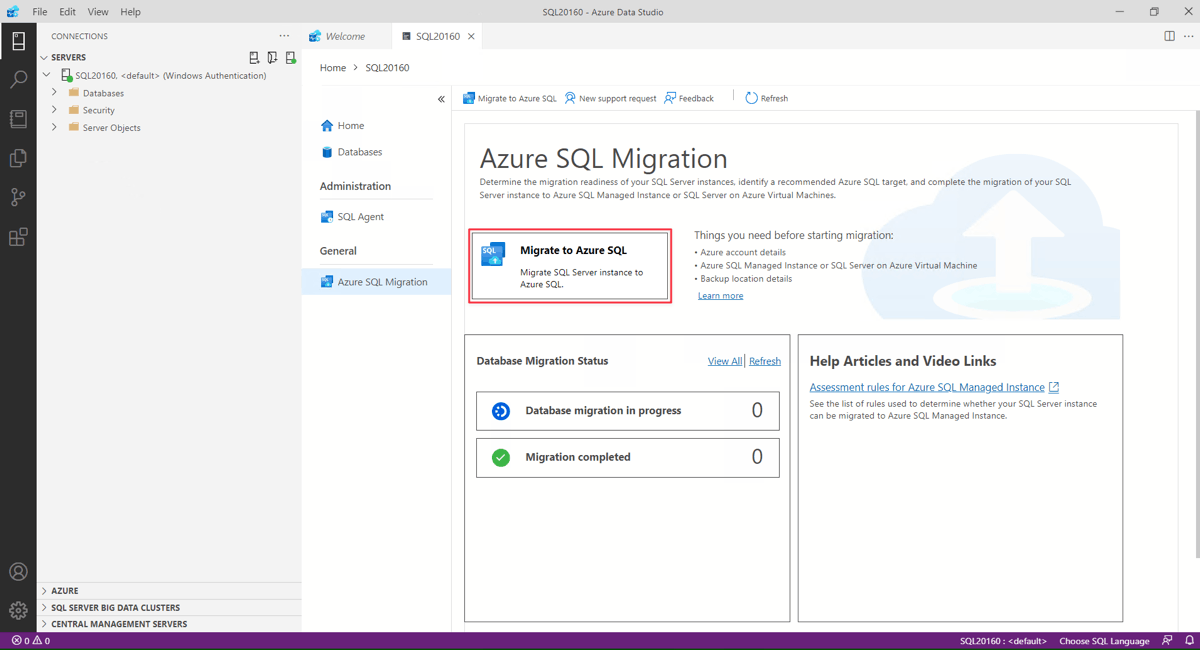 Screenshot of Launch Migrate to Azure SQL wizard.