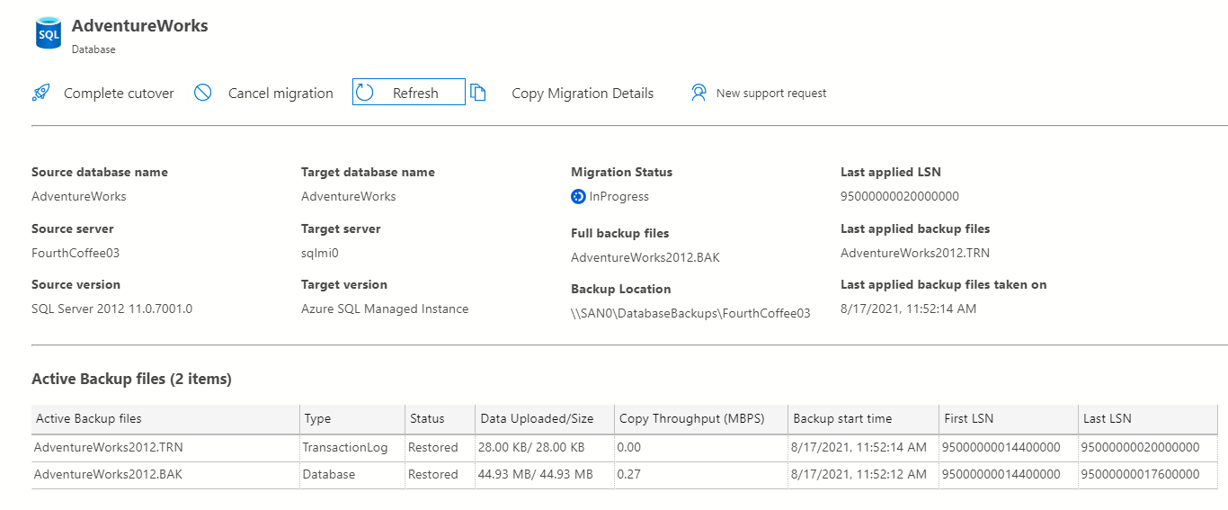 Screenshot of backup restore details.